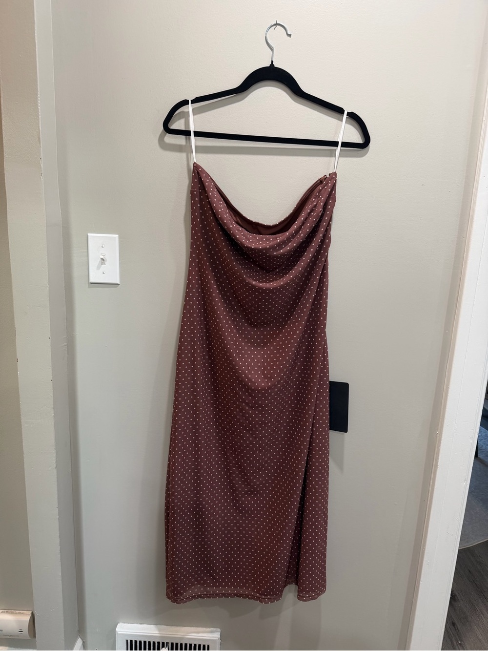 Lulus Jaylah Brown Polka Dot Mesh Strapless Midi Dress